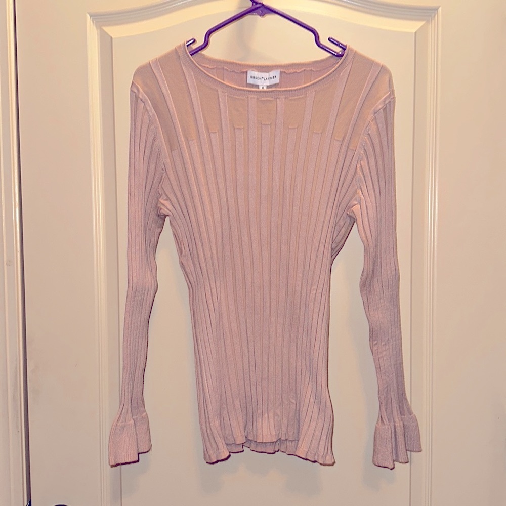 NWT -GIBSON*LAMITER Ruffled sleeves, ribbed sweater, Blush color XL